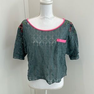 Free People Lace top with neon pink trim
